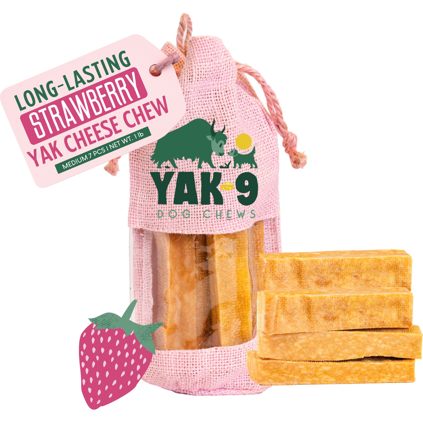 Yak9 Chews Strawberry Yak Chew Dog Treat, Medium, 7 count
