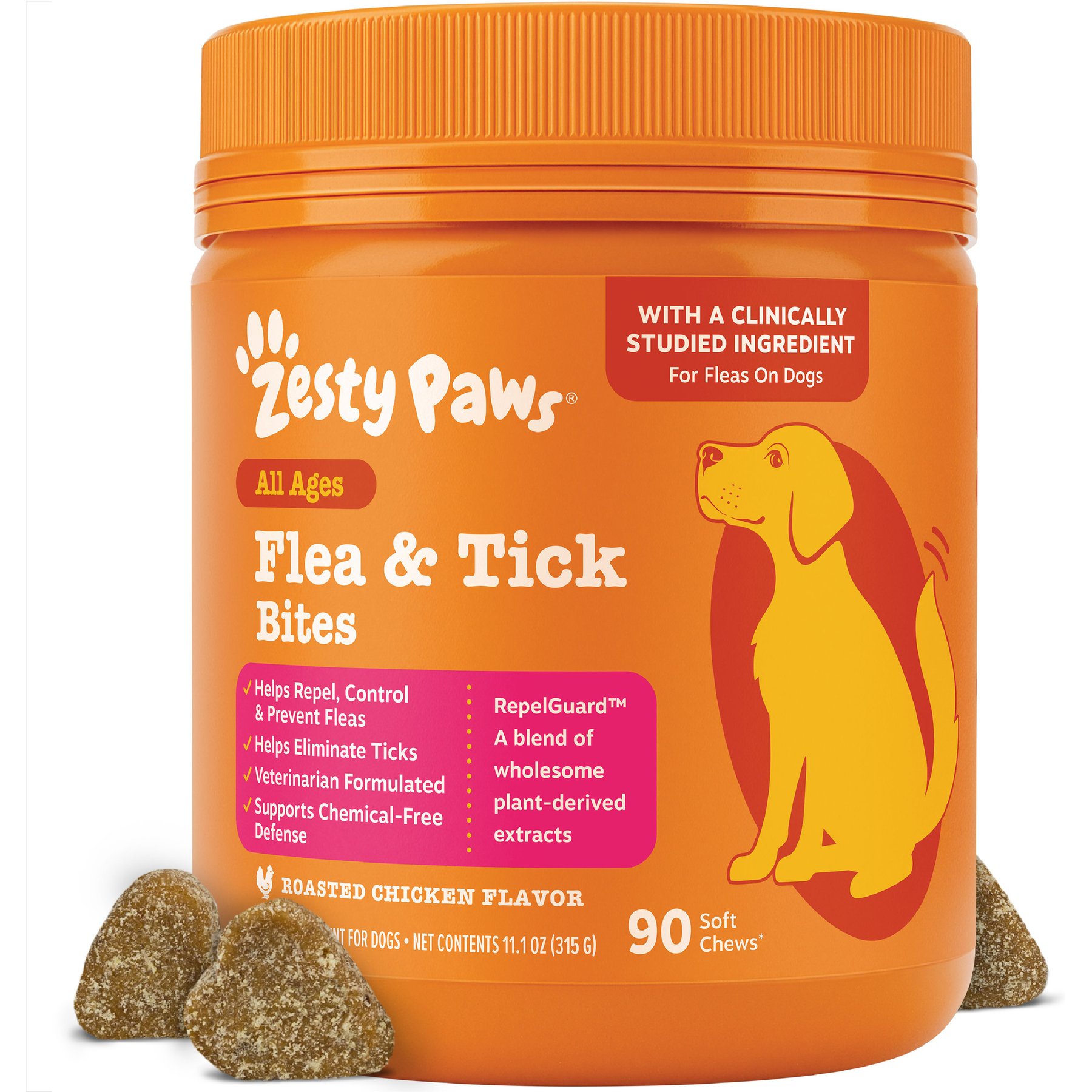 Zesty Paws Flea & Tick Bites Roasted Chicken Flavored Soft Chews Supplement for Dogs, 90 count