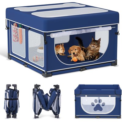 LOOBANI LOOBANI Indoor Foldable Sturdy Reinforced Steel/Iron Frame Portable Dog Playpen with Cover, Blue, 43.3 x 43.3 x27.1-in