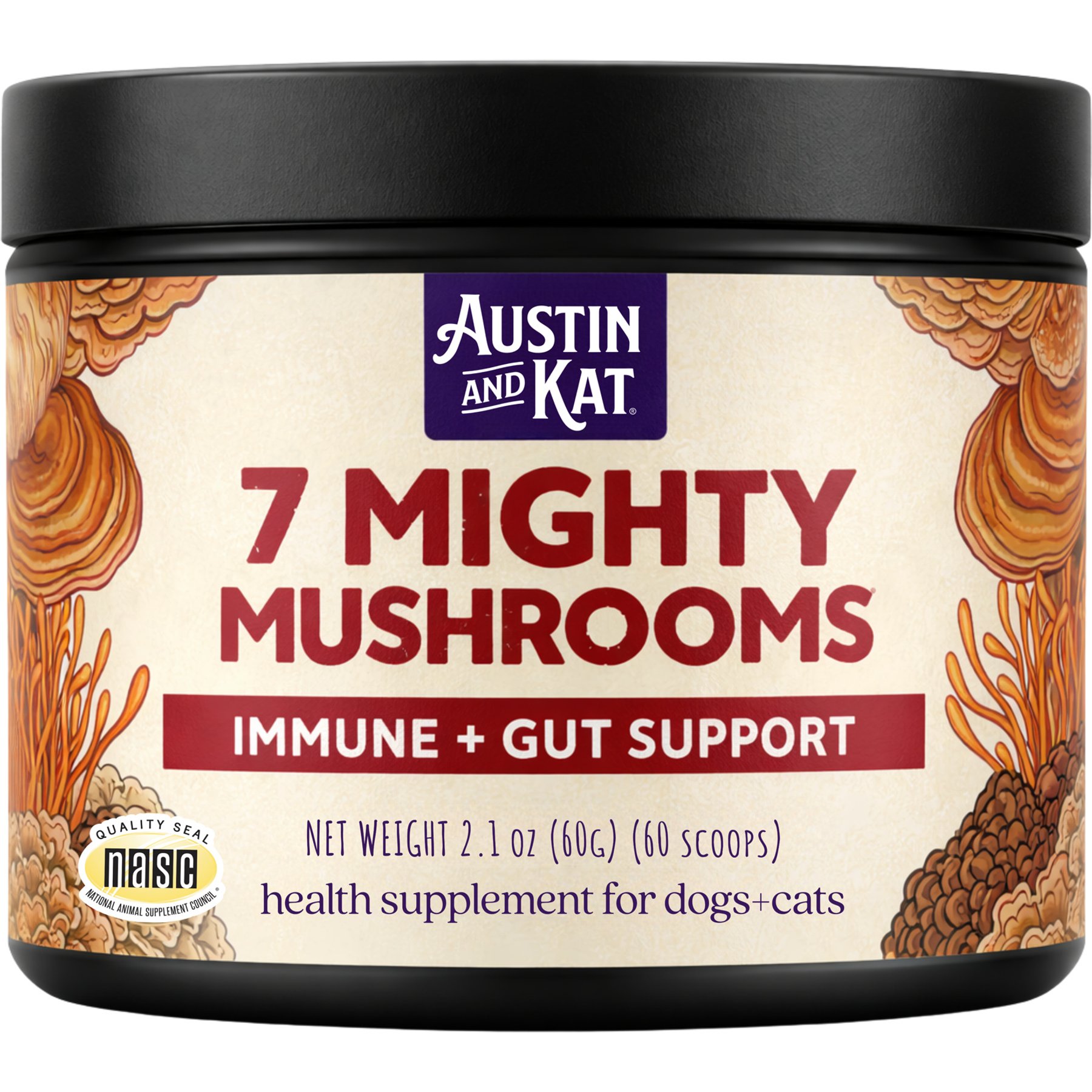 Austin and Kat 7 Mighty Mushroom Medley with Turkey Tail Dog & Cat Supplement, 2.12-oz jar