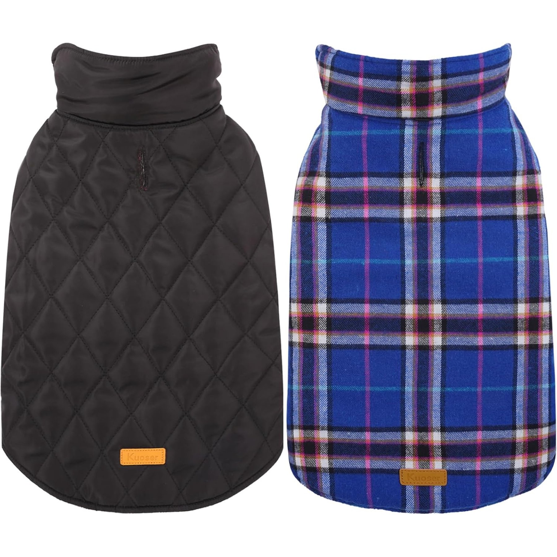 Kuoser Warm Waterproof Adjustable Reversible Plaid Personalized Dog Coat, Blue, X-Small