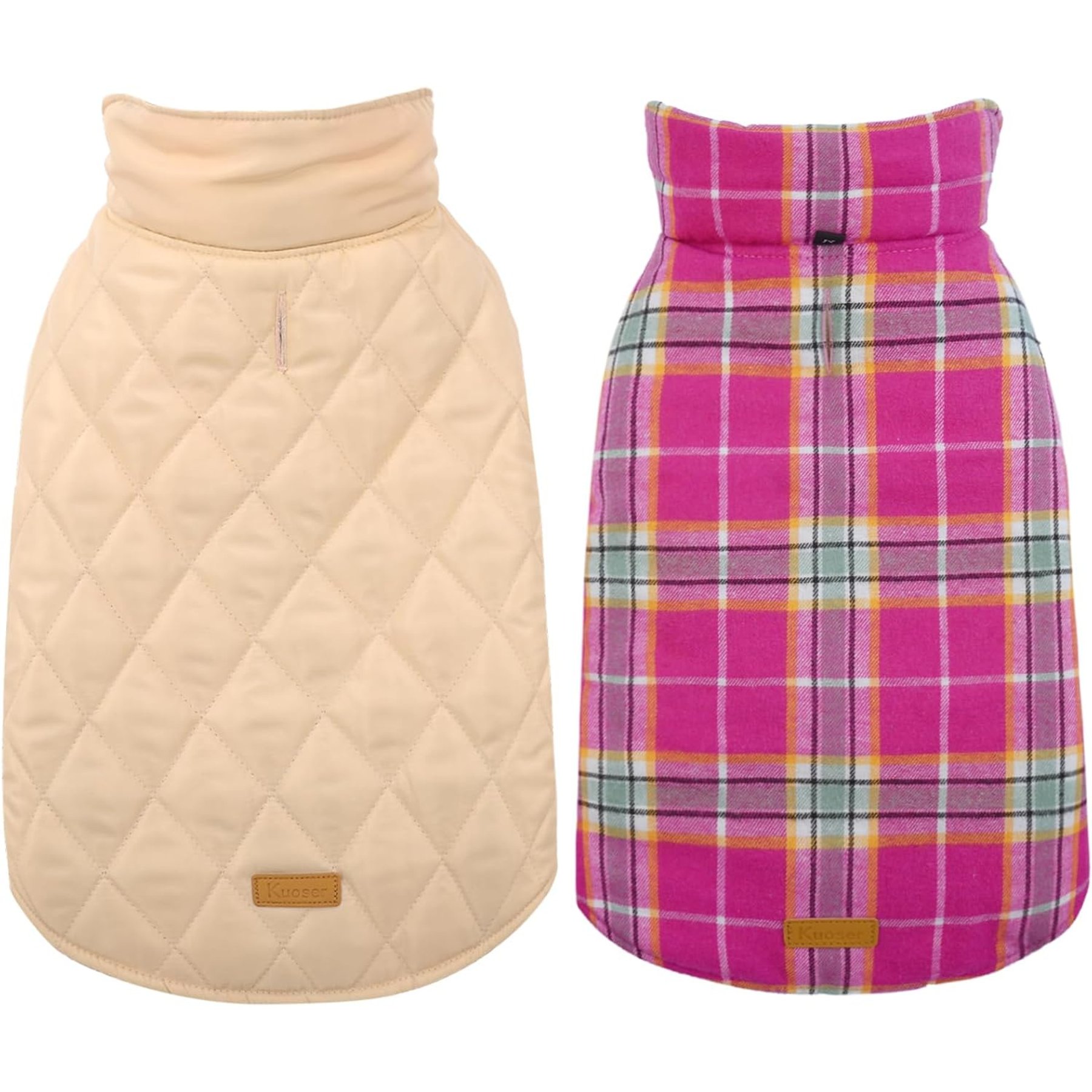 Kuoser Warm Waterproof Adjustable Reversible Plaid Personalized Dog Coat, Pink, X-Large