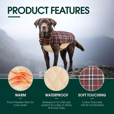 Show full view: Kuoser Warm Waterproof Adjustable Reversible Plaid Personalized Dog Coat, Brown, X-Small slide 3 of 8