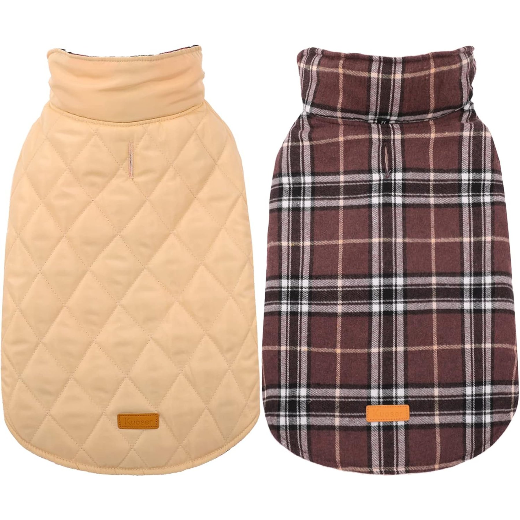 Kuoser Warm Waterproof Adjustable Reversible Plaid Personalized Dog Coat, Brown, XX-Large
