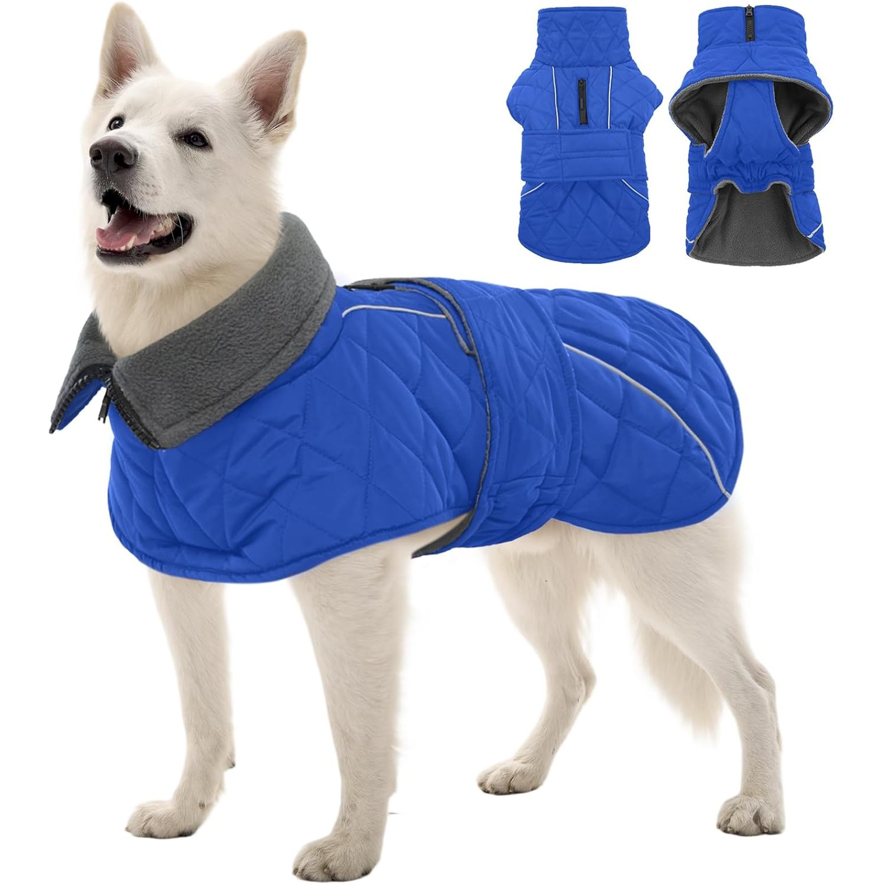Kuoser Extra Warm Windproof Adjustable Reflective Plaid Personalized Dog Coat, Blue, XX-Large