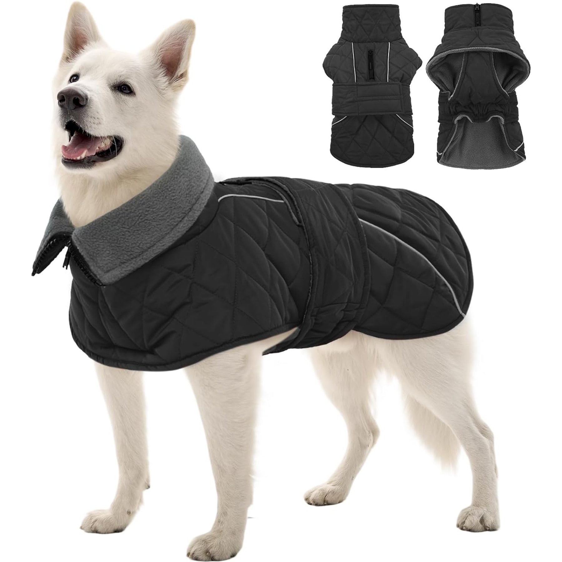 Kuoser Extra Warm Windproof Adjustable Reflective Plaid Personalized Dog Coat, Grey, XX-Large