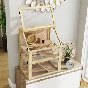 PawHut 3-Tier Wooden Hamster Cage with Detachable 12.6-in Deep Bottom, Natural Wood, 23.6 x 15.7 x 29.5-in
