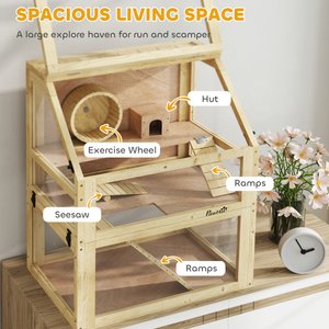 PawHut 3-Tier Wooden Hamster Cage with Detachable 12.6-in Deep Bottom, Natural Wood, 23.6 x 15.7 x 29.5-in