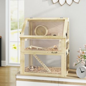 PawHut 3-Tier Wooden Hamster Cage with Detachable 12.6-in Deep Bottom, Natural Wood, 23.6 x 15.7 x 29.5-in
