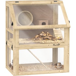 PawHut 3-Tier Wooden Hamster Cage with Detachable 12.6-in Deep Bottom, Natural Wood, 23.6 x 15.7 x 29.5-in