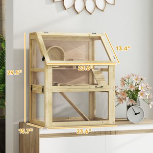 PawHut 3-Tier Wooden Hamster Cage with Detachable 12.6-in Deep Bottom, Natural Wood, 23.6 x 15.7 x 29.5-in