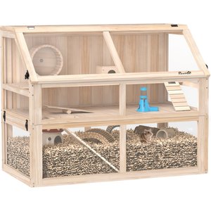 PawHut 3-Tier Wooden Hamster Cage with Detachable 12.4-in Deep Bottom, Natural Wood, 37.4 x 20.9 x 29.9-in