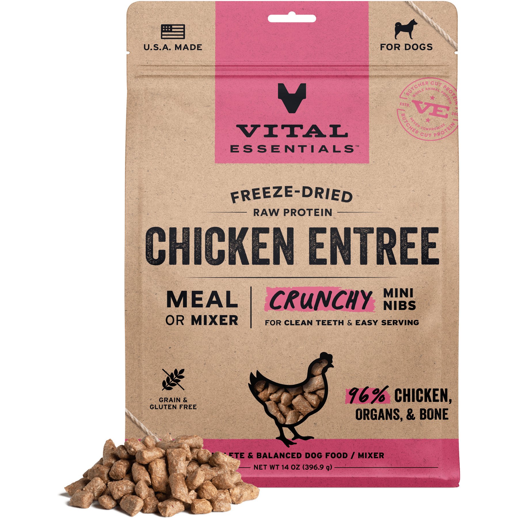 Vital Essentials Crunchy Mini Nibs Raw Chicken Entree Freeze-Dried Dog Food & Topper, 14-oz bag