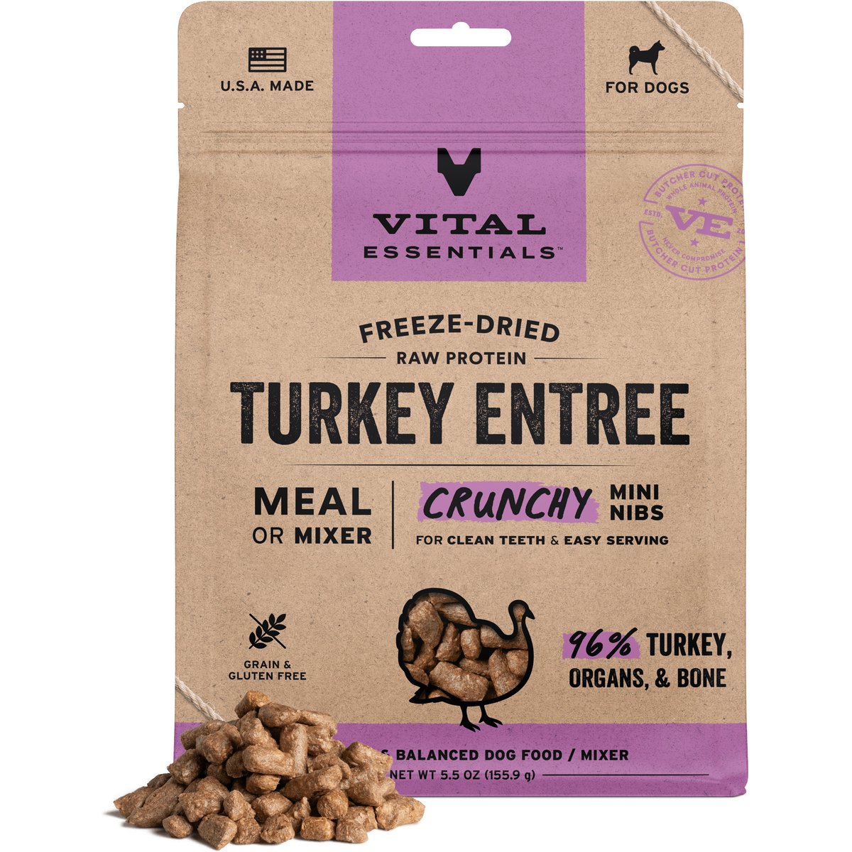 Vital Essentials Crunchy Mini Nibs Raw Turkey Entree Freeze-Dried Dog Food & Topper, 5.5-oz bag