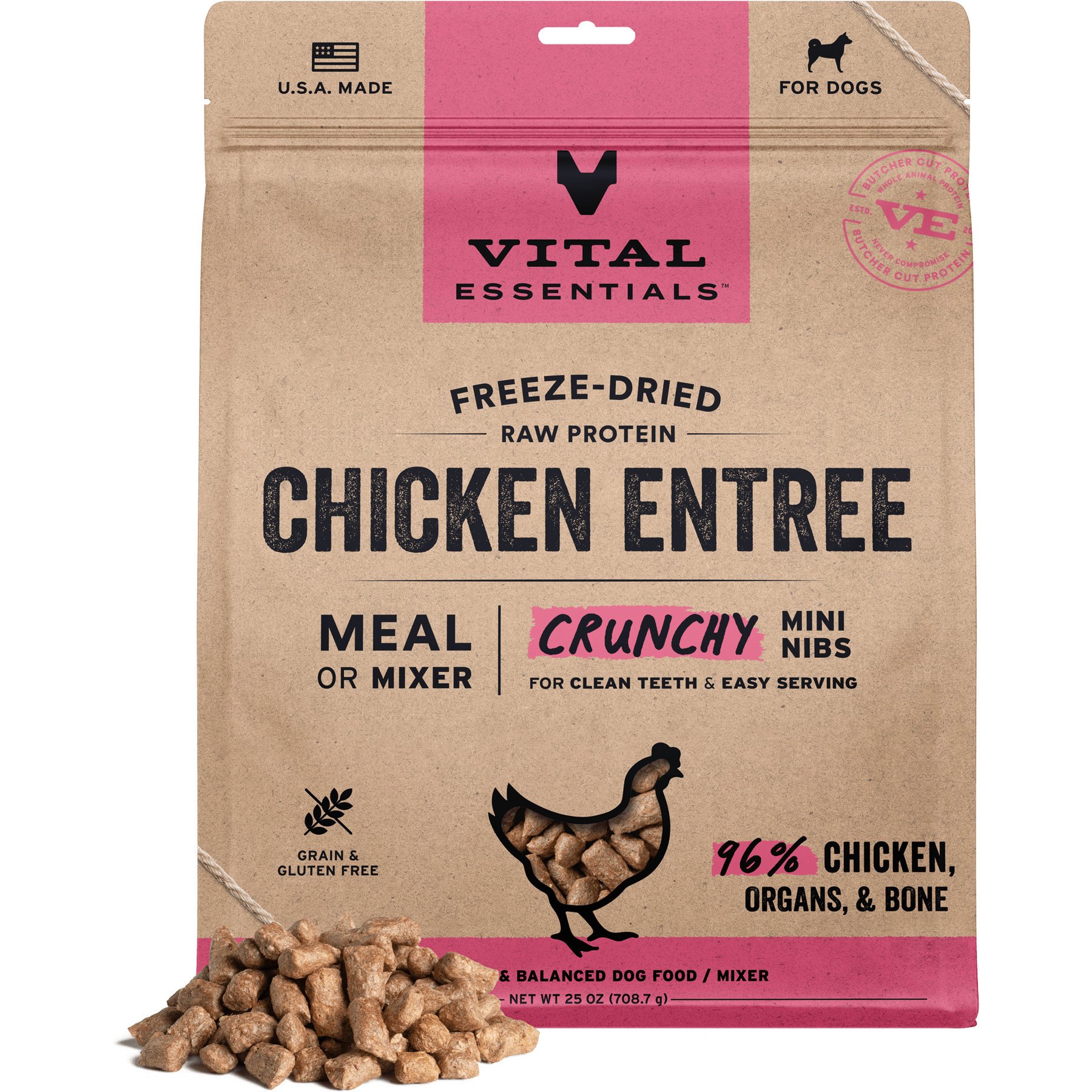 Vital Essentials Crunchy Mini Nibs Raw Chicken Entree Freeze-Dried Dog Food & Topper, 25-oz bag