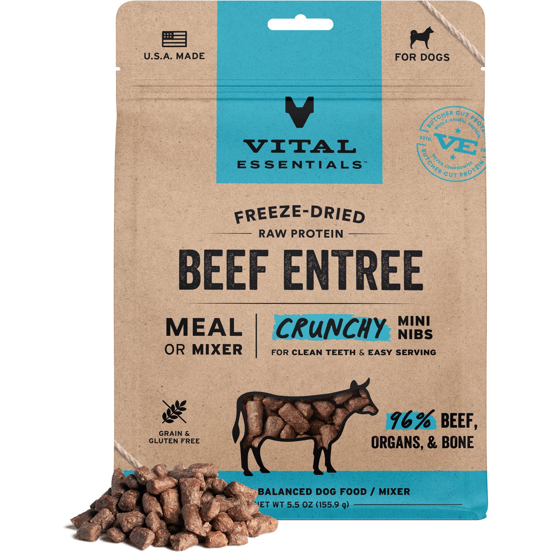 Vital Essentials Crunchy Mini Nibs Raw Beef Entree Freeze-Dried Dog Food & Topper, 5.5-oz bag