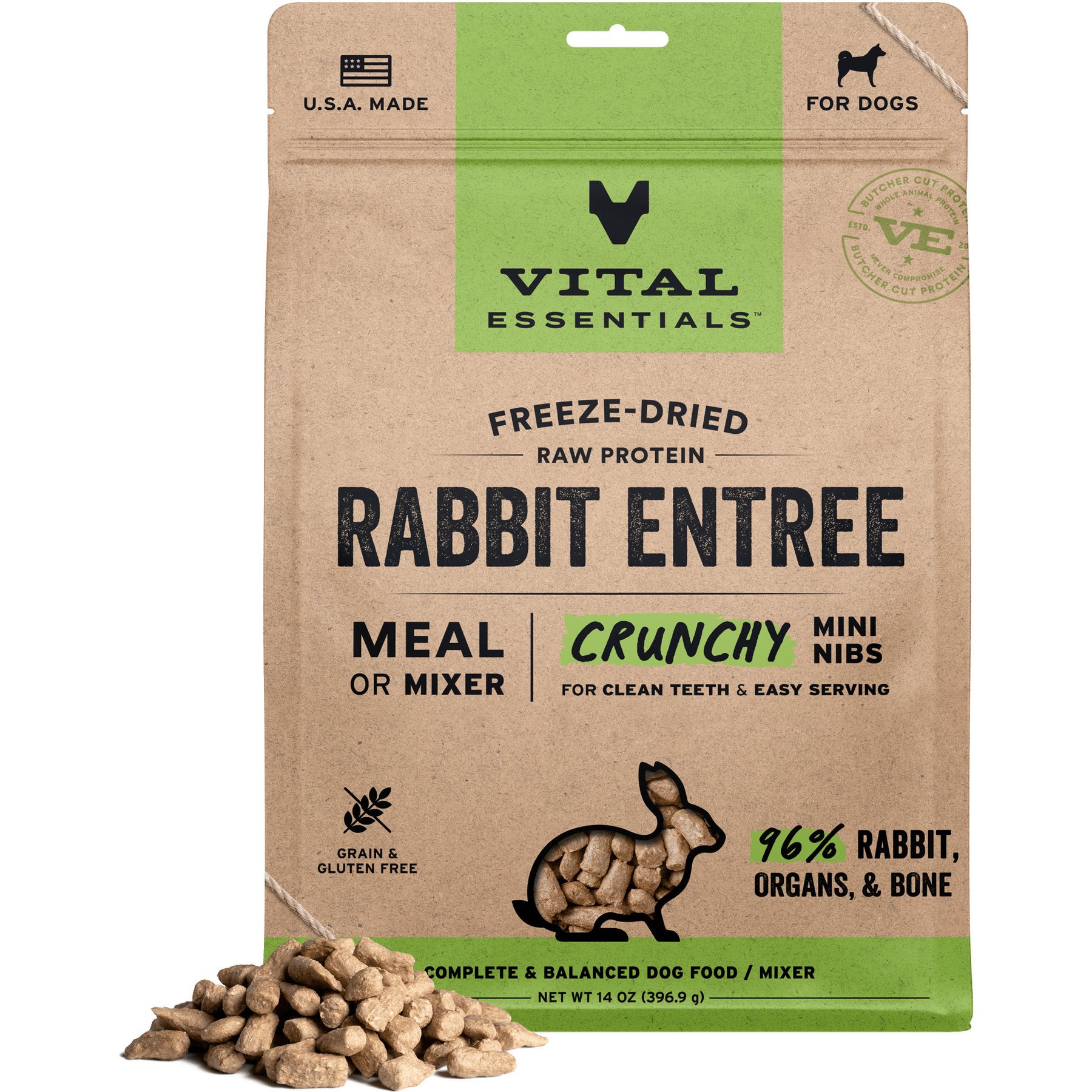 Vital Essentials Crunchy Mini Nibs Raw Rabbit Entree Freeze-Dried Dog Food & Topper, 14-oz bag