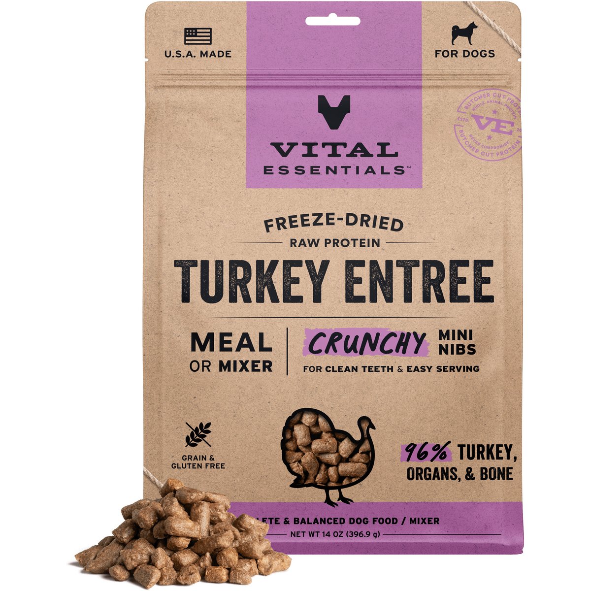 Vital Essentials Crunchy Mini Nibs Raw Turkey Entree Freeze-Dried Dog Food & Topper, 14-oz bag