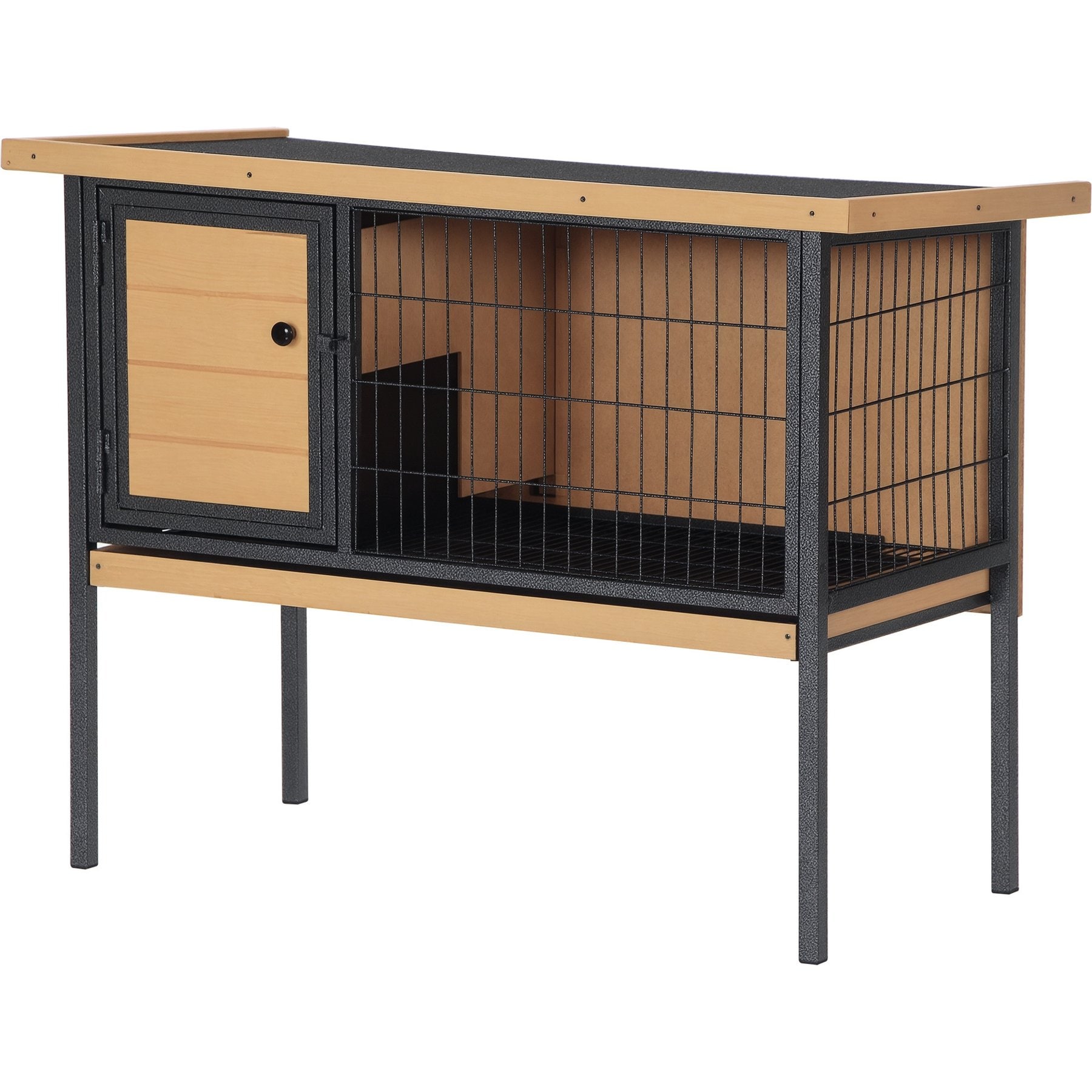 PawHut Elevated Metal Frame Indoor/Outdoor Rabbit Hutch, Natural Wood, Black