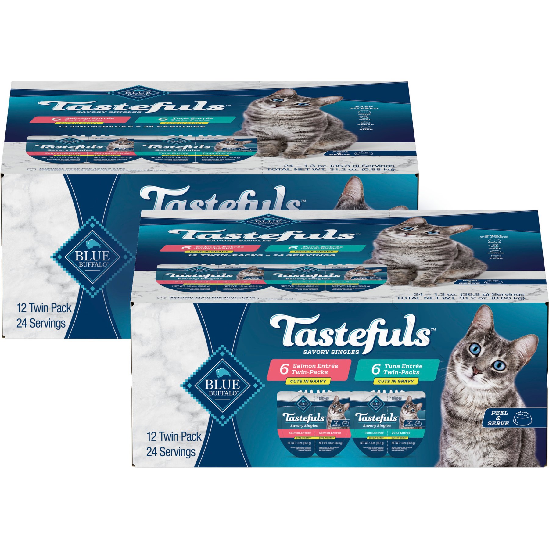 Blue Buffalo Tastefuls Savory Singles Salmon & Tuna Cuts in Gravy Variety Pack Wet Cat Food, 2.6-oz twin trays, case of 24