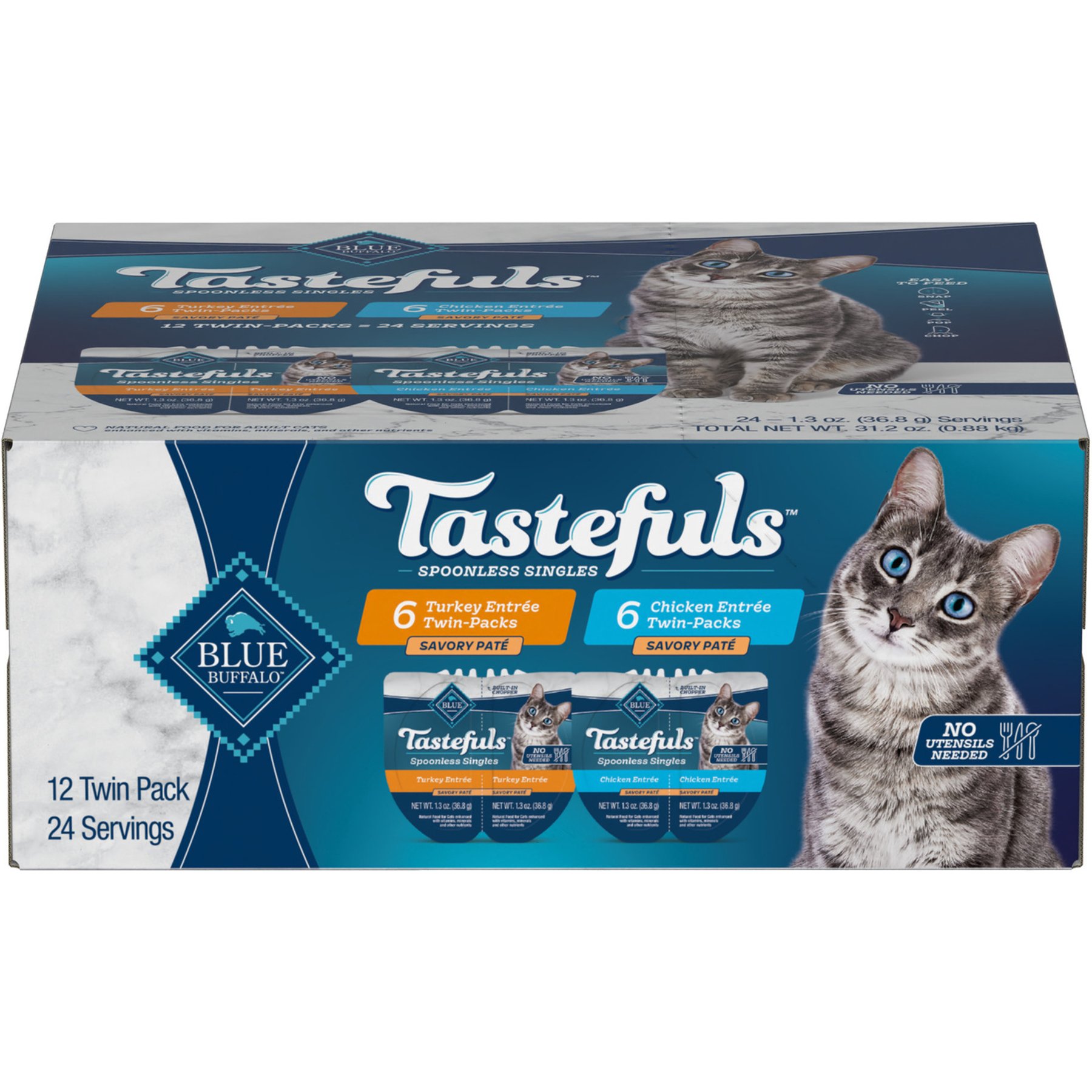 Blue Buffalo Tastefuls Spoonless Singles Chicken & Turkey Entree Variety Pack Adult Pate Wet Cat Food, 2.6-oz twin pack, case of 12