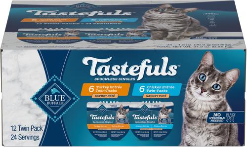 Blue Buffalo Tastefuls Spoonless Singles Chicken & Turkey Entree Variety Pack Adult Pate Wet Cat Food, 2.6-oz twin pack, case of 12