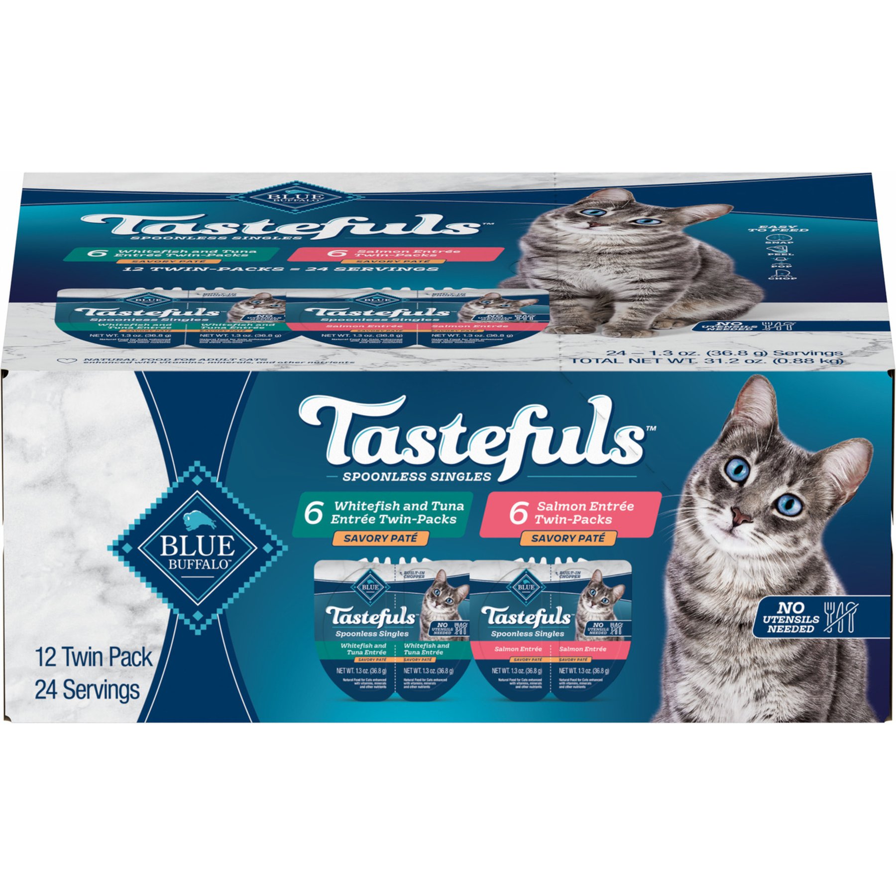 Blue Buffalo Tastefuls Spoonless Singles Whitefish, Tuna & Salmon Entree Variety Pack Adult Pate Wet Cat Food, 2.6-oz twin pack, case of 12