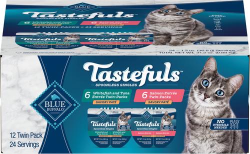 Blue Buffalo Tastefuls Spoonless Singles Whitefish, Tuna & Salmon Entree Variety Pack Adult Pate Wet Cat Food, 2.6-oz twin pack, case of 12