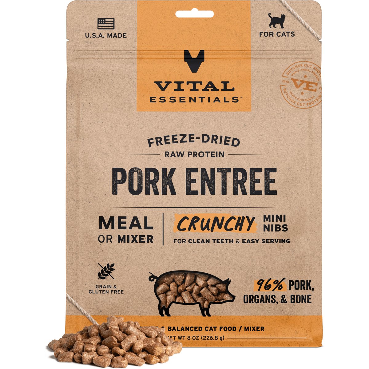 Vital Essentials Crunchy Mini Nibs Raw Pork Entree Freeze-Dried Cat Food, 8-oz bag
