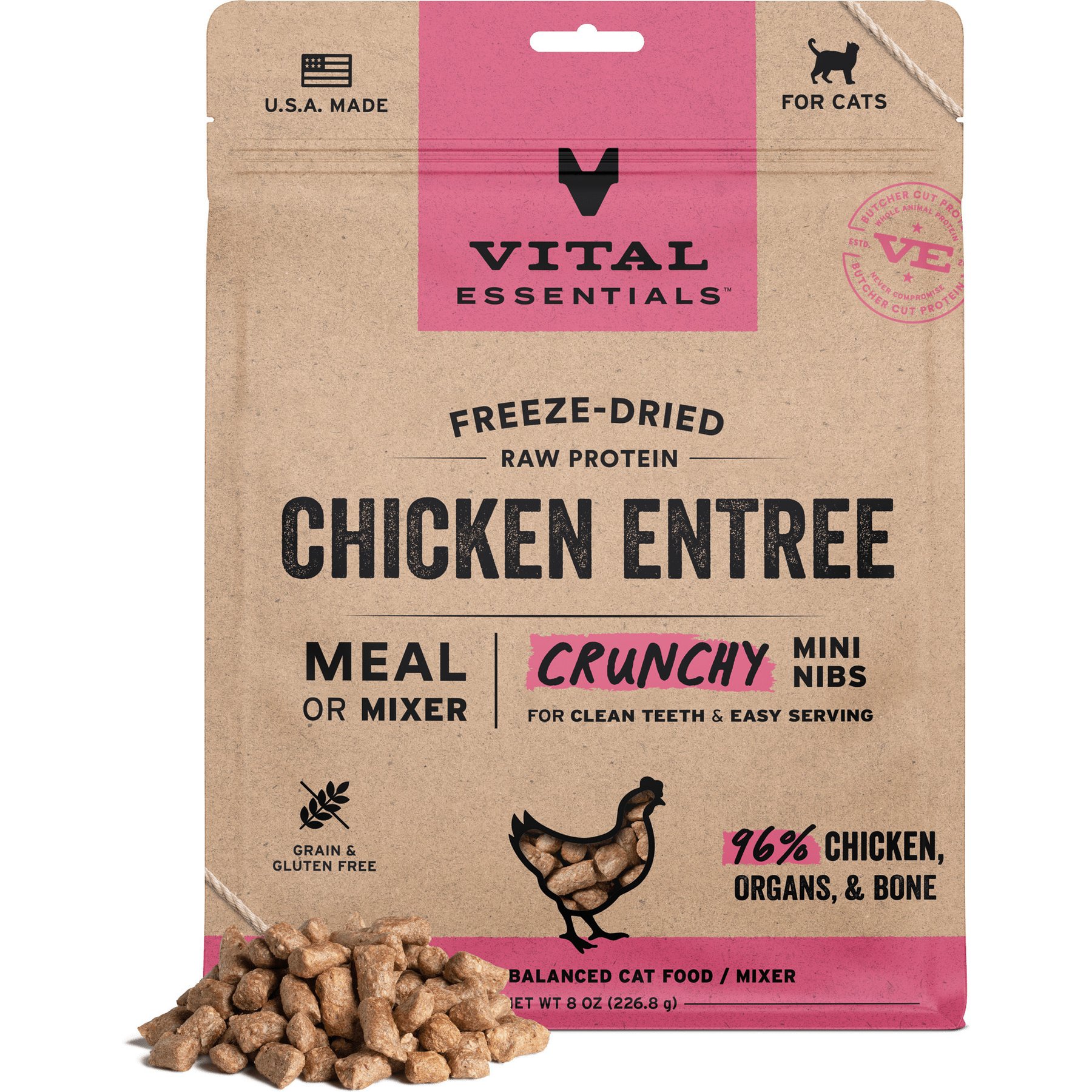 Vital Essentials Crunchy Mini Nibs Raw Chicken Entree Freeze-Dried Cat Food, 8-oz bag