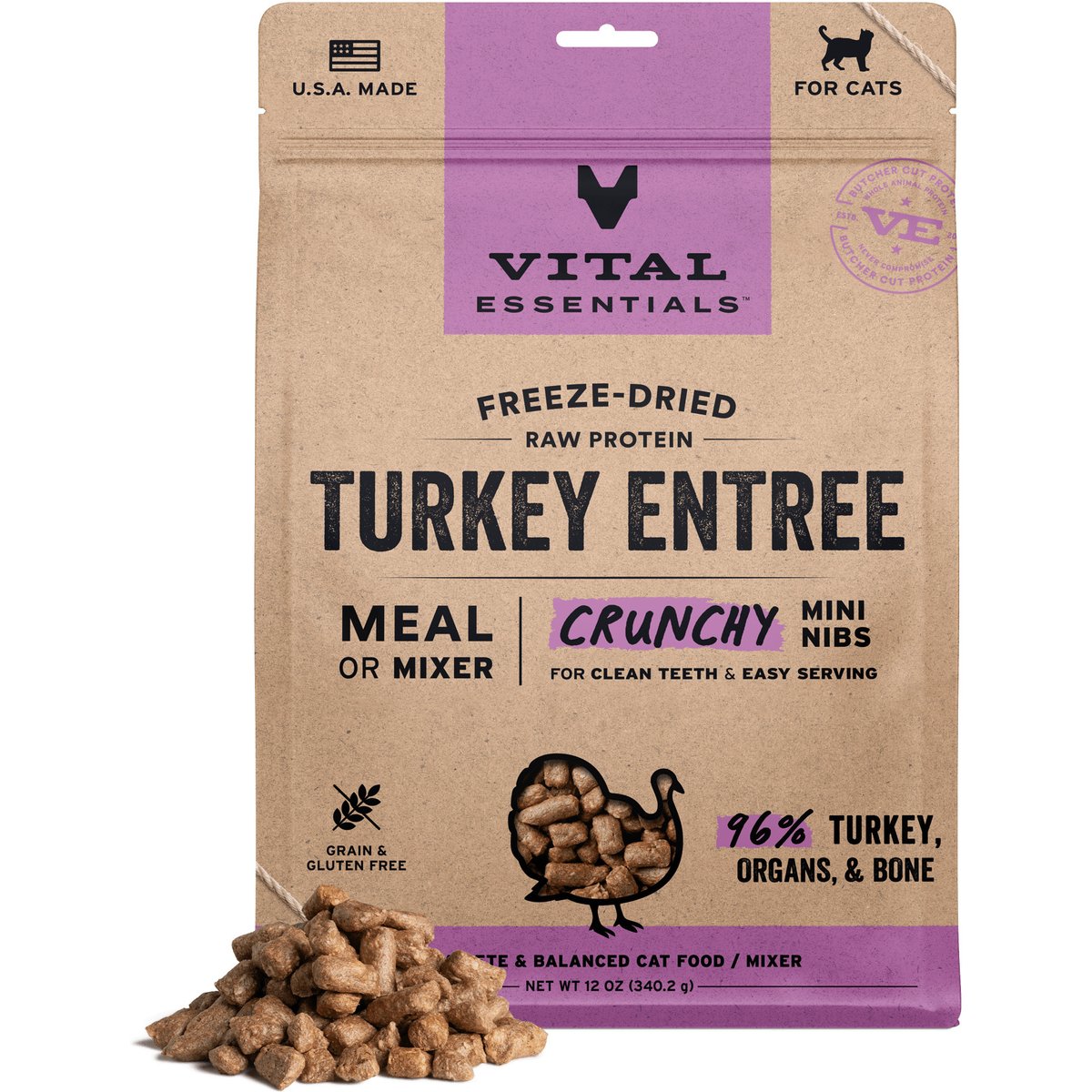 Vital Essentials Crunchy Mini Nibs Raw Turkey Entree Freeze-Dried Cat Food, 12-oz bag