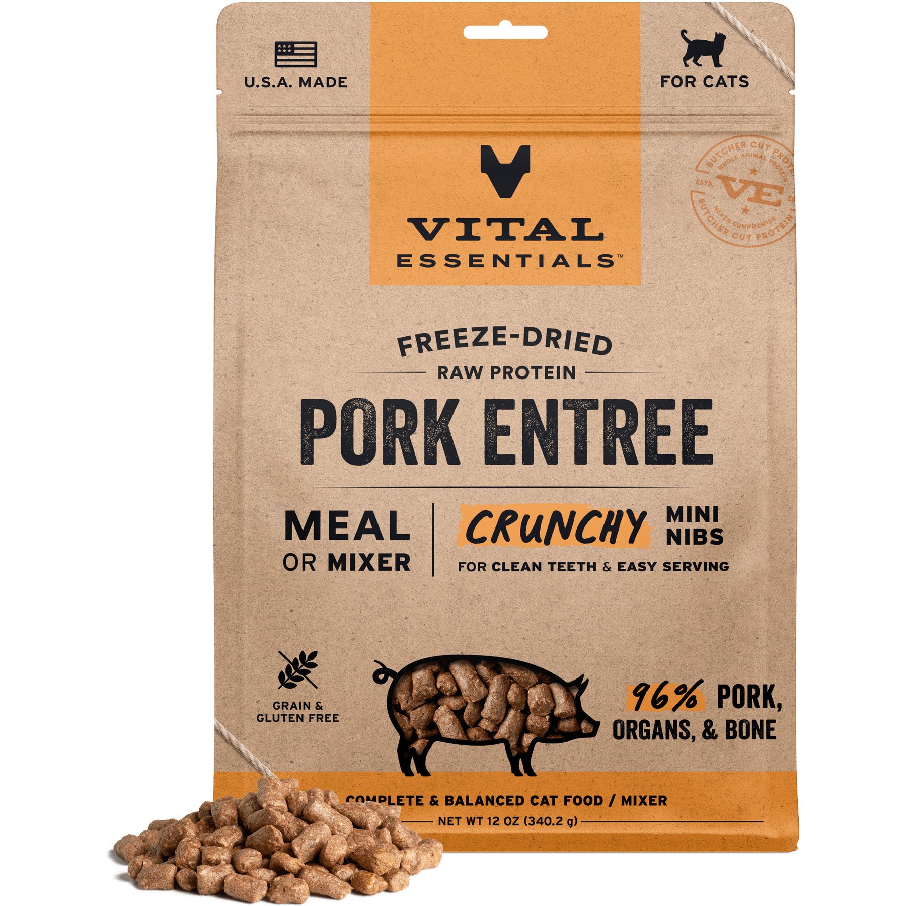 Vital Essentials Crunchy Mini Nibs Raw Pork Entree Freeze-Dried Cat Food, 12-oz bag