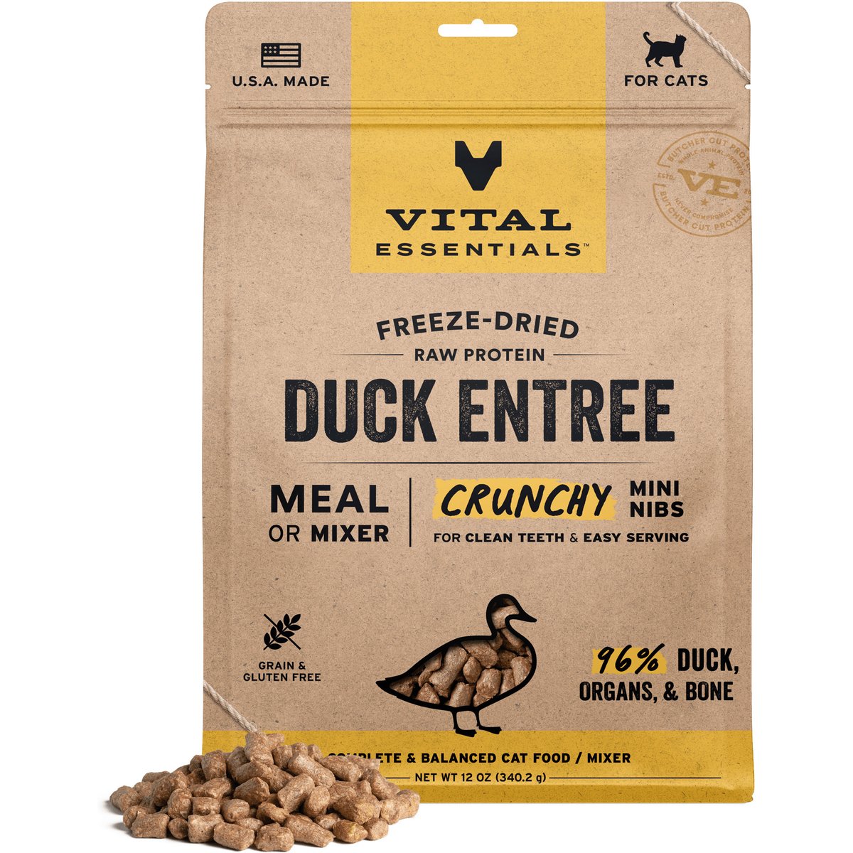 Vital Essentials Crunchy Mini Nibs Raw Duck Entree Freeze-Dried Cat Food, 12-oz bag