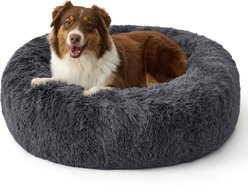 Bedsure Plus Version Calming Fluffy Plush Faux Fur Supported Donut Dog Bed, Grey, Large