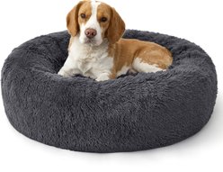 Bedsure Plus Version Calming Fluffy Plush Faux Fur Supported Donut Dog Bed, Grey, Medium