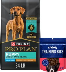 Purina Pro Plan Puppy Large Breed Chicken & Rice Formula with Probiotics Dry Food + Chewy Made Beef Recipe Grain-Free Soft & Chewy Training Bits Dog Treats