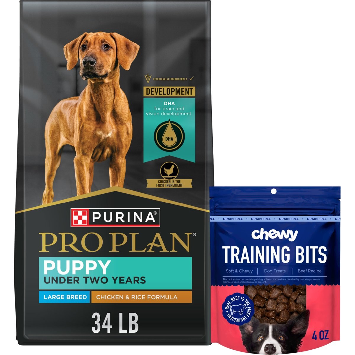 Purina Pro Plan Puppy Large Breed Chicken & Rice Formula with Probiotics Dry Food + Chewy Made Beef Recipe Grain-Free Soft & Chewy Training Bits Dog Treats