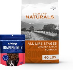 Diamond Naturals Chicken & Rice Formula All Life Stages Dry Food + Chewy Made Beef Recipe Grain-Free Soft & Chewy Training Bits Dog Treats (FORMERLY AMERICAN JOURNEY)
