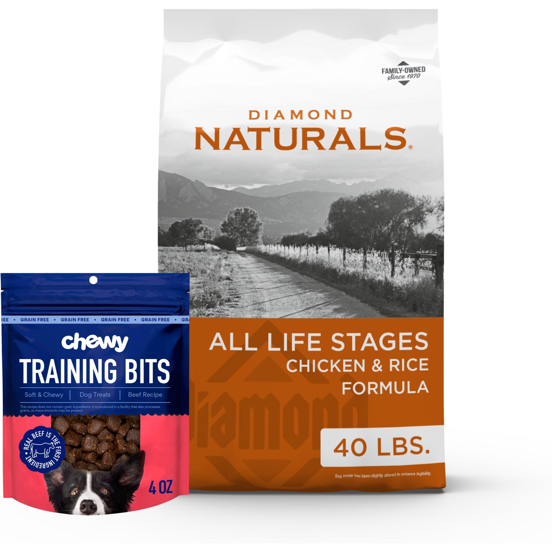Diamond Naturals Chicken & Rice Formula All Life Stages Dry Food + Chewy Made Beef Recipe Grain-Free Soft & Chewy Training Bits Dog Treats (FORMERLY AMERICAN JOURNEY)
