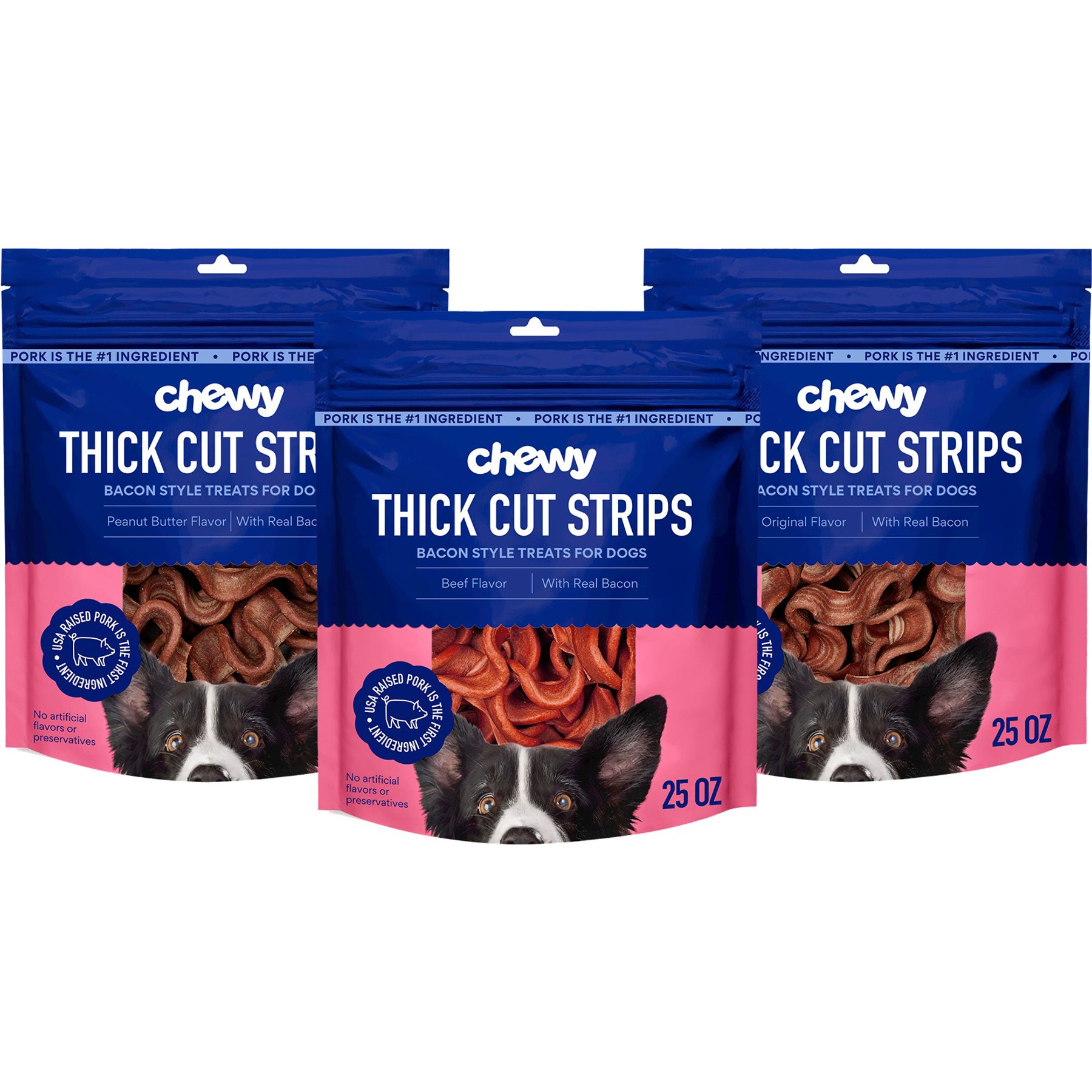 Variety Pack - Chewy Made Thick Cut Strips with Real Bacon Dog Treats: Beef, Peanut Butter, & Original Flavors (FORMERLY TRUE ACRE FOODS)
