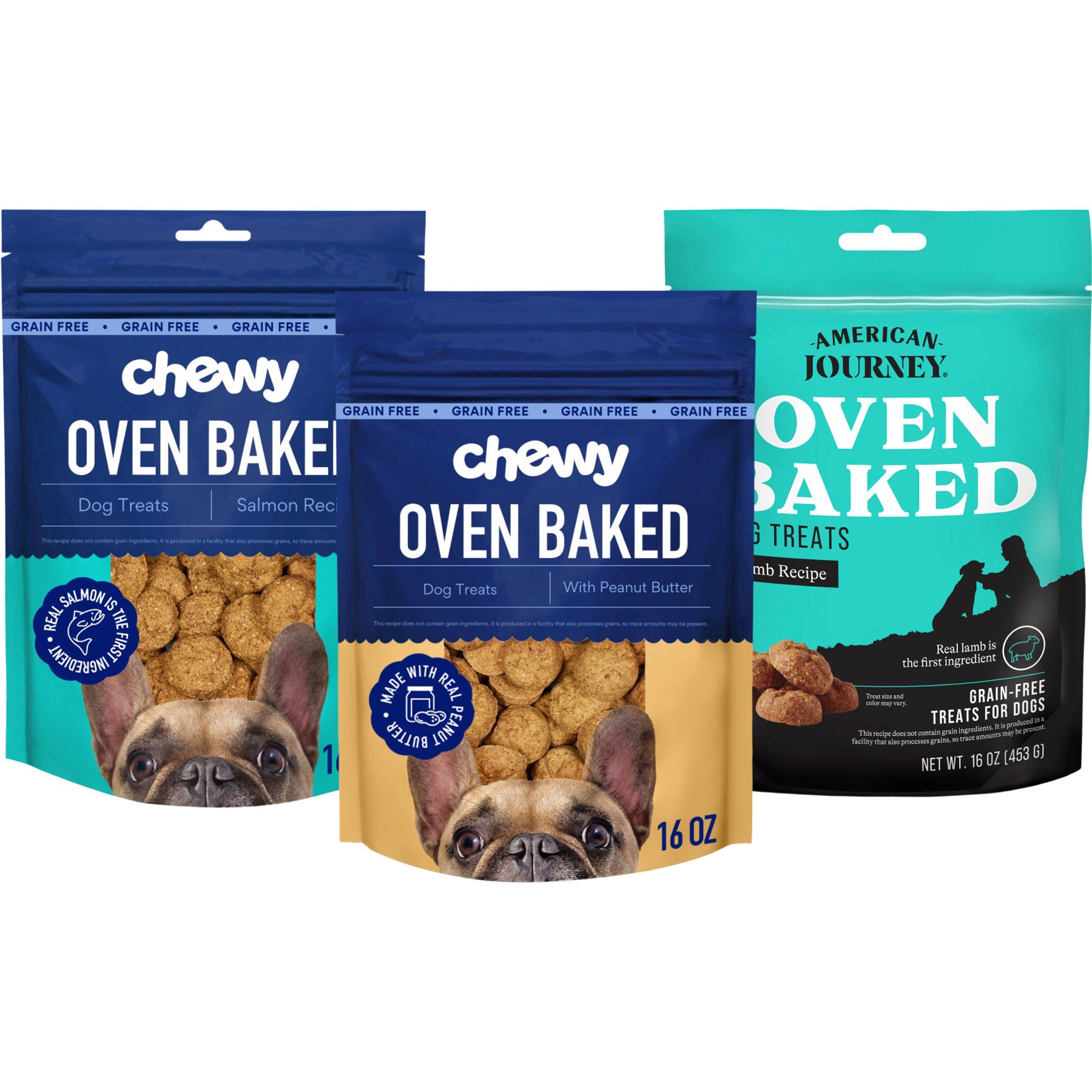 Variety Pack - Chewy Made Crunchy Biscuit Dog Treats: Peanut Butter & Salmon Flavors + American Journey Lamb Flavor Crunchy Biscuit Dog Treats