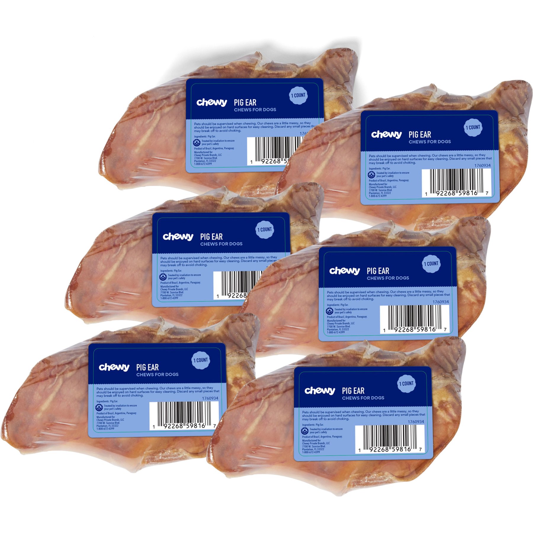 Chewy Made Pig Ear Chews Dog Treats (FORMERLY BONES & CHEWS), 6 count bundle