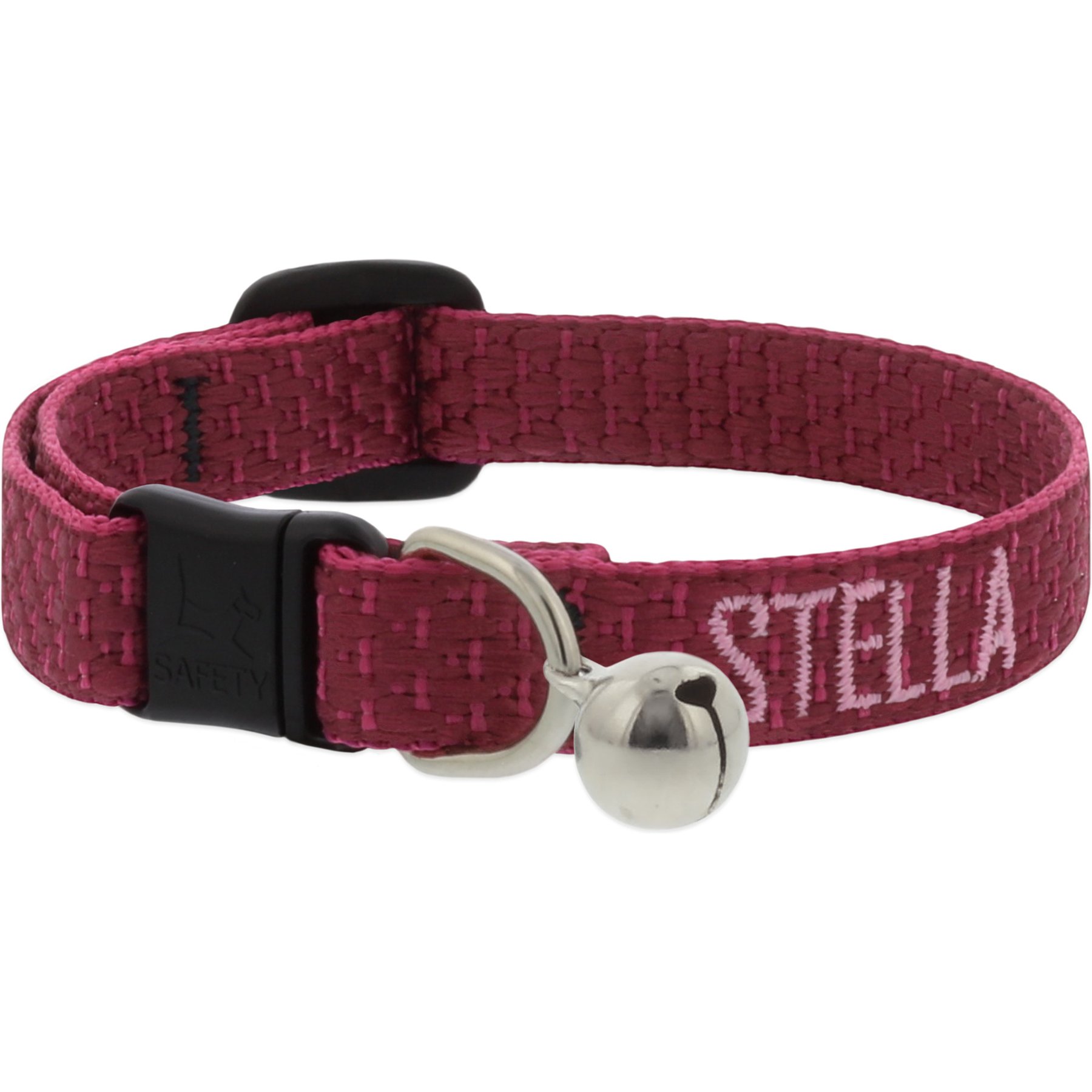 LupinePet Adjustable Eco Buckle Safety Polyester Personalized Breakaway Cat Collar with Bell, 8 to 12-in neck, 1/2-in wide, Berry