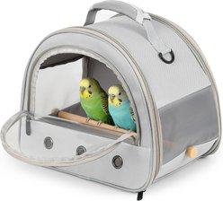 Halinfer Front Zipped Access Travel Bird Carrier Cage with Horizontal Mount Stand Perch & Extra Back Pocket, 12 x 8 x 10-in, Grey