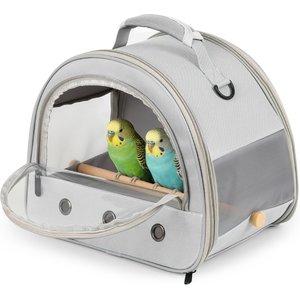 Halinfer Front Zipped Access Travel Bird Carrier Cage with Horizontal Mount Stand Perch & Extra Back Pocket, 12 x 8 x 10-in, Grey