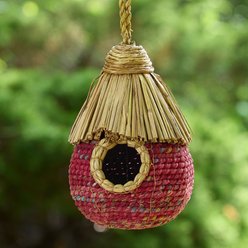 GeoCentral Artisan Handcrafted Unpainted Natural Fiber & Metal Frame Chickadee Bird House, Red/Straw, 8.25-in slide 2 of 3