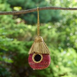 GeoCentral Artisan Handcrafted Unpainted Natural Fiber & Metal Frame Chickadee Bird House, Red/Straw, 8.25-in
