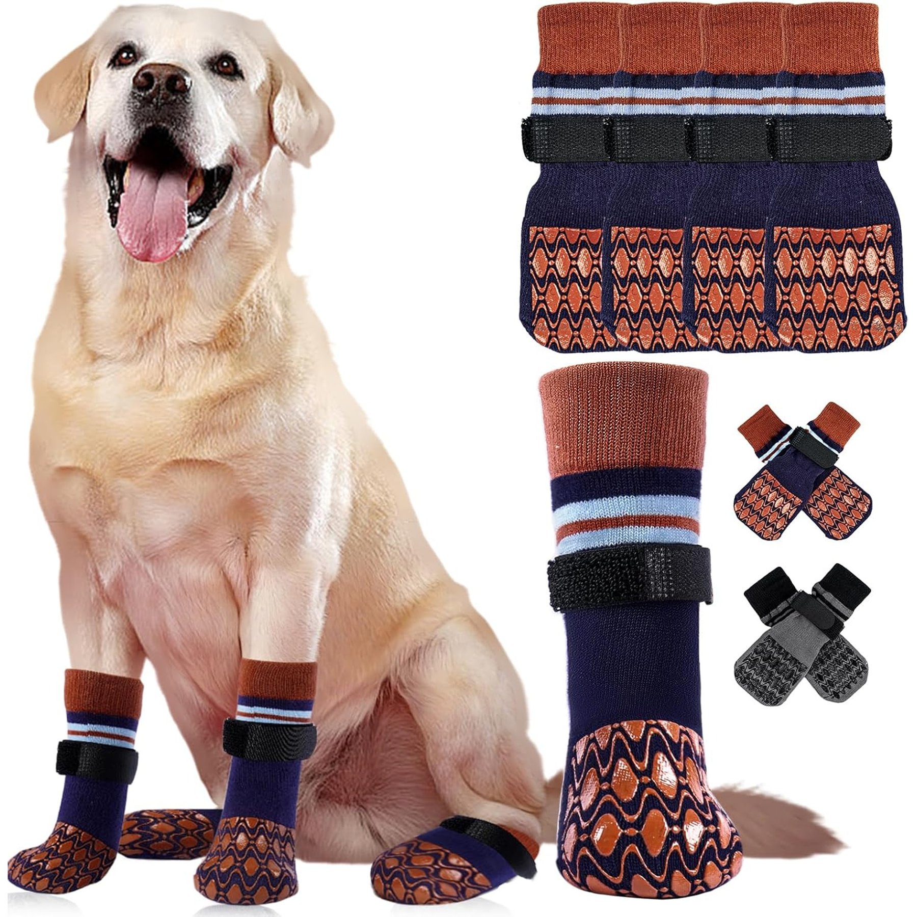Kuoser Non Slip Dog Socks, Brown, Large, 4 count