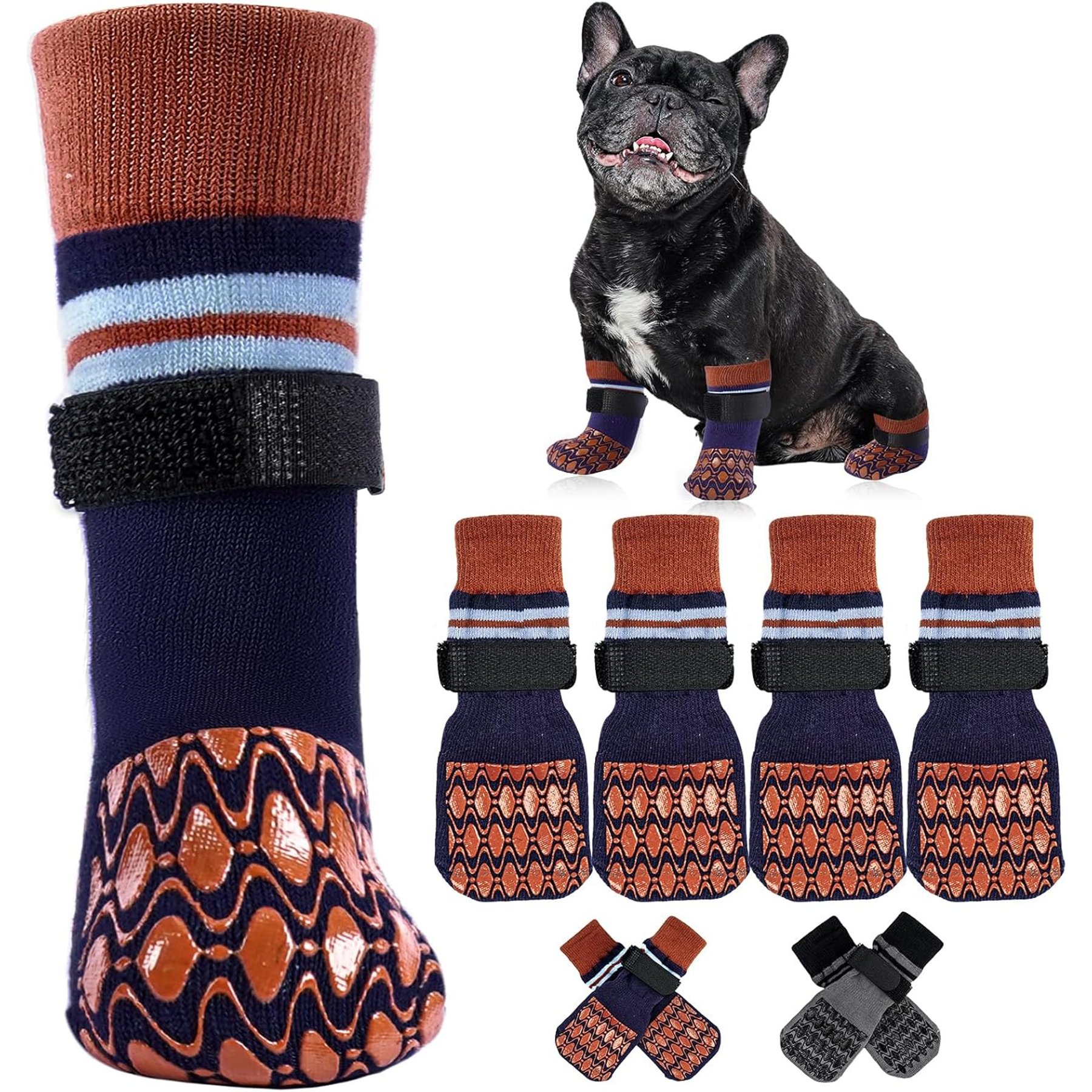 Kuoser Non Slip Dog Socks, Brown, X-Small, 4 count