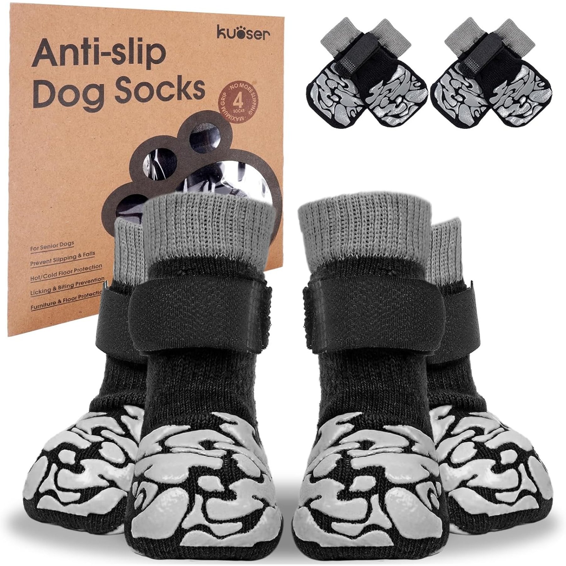 Kuoser Non-Slip Dog Socks, Black, Small, 4 count